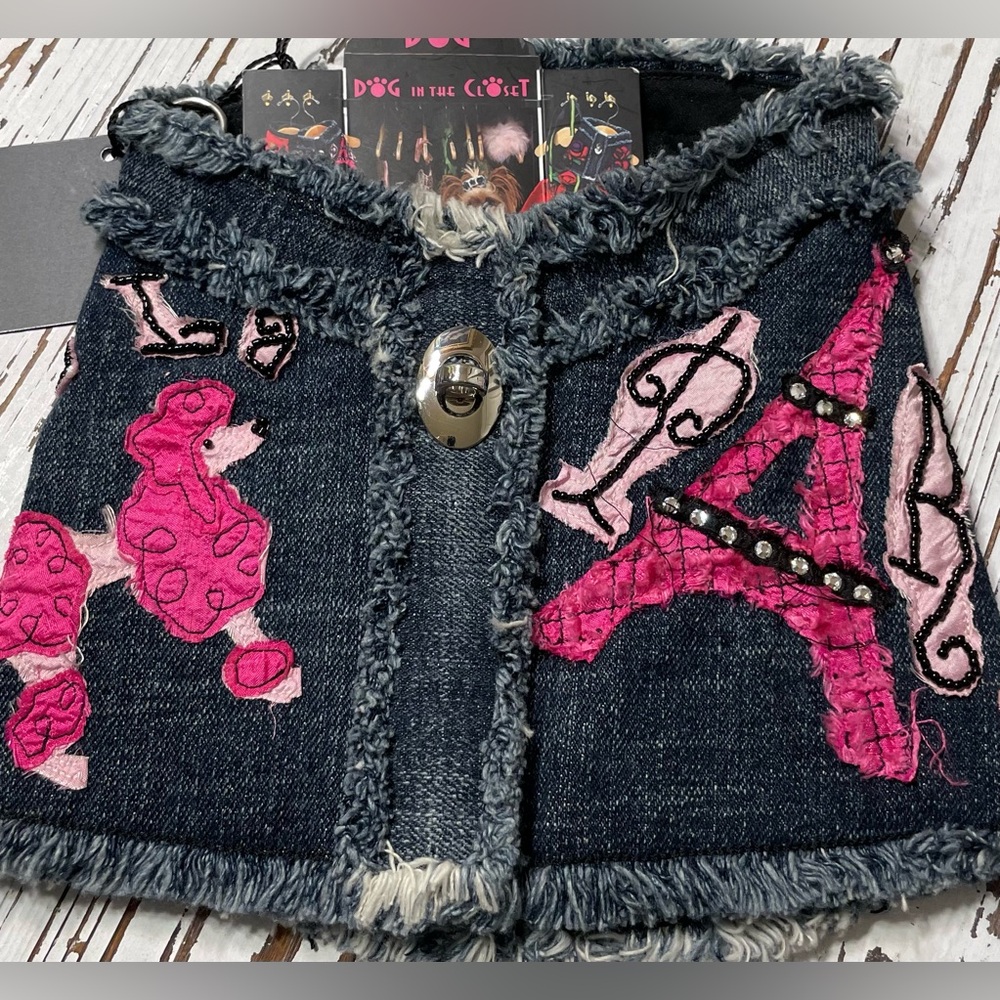 Pink Paris and Poodle Appliqué Denim Harness 
Medium